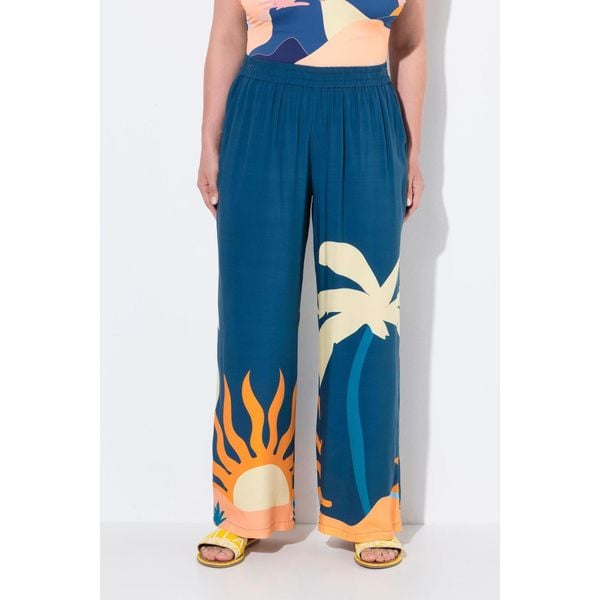 Damskie Spodnie palazzo palmy/słońce szeroka nogawka elastyczny pas. Niebieskie rajstopy i pończochy Ulla Popken, plus size, bez wzorów, z materiału. Za 239,99 zł.