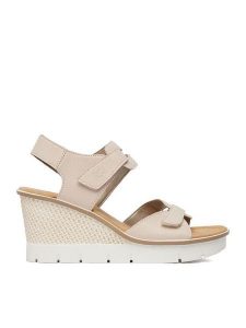 Rieker Sandały 68556-31 Beżowy. Brązowe sandały Rieker, bez wzorów, ze skóry, bez obcasa, na koturnie, bez zapięcia. Za 349,99 zł.