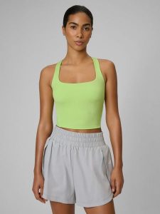 4F Crop top treningowy slim szybkoschnący damski - zielona S. Zielone topy 4f, s, bez wzorów, bez kołnierzyka, bez ramiączek. Za 129,99 zł.