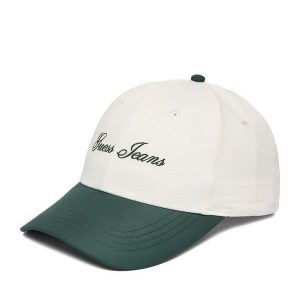 Czapka z daszkiem Guess Jeans. Białe czapki Guess Jeans, z aplikacjami, z jeansu. Za 79,99 zł.