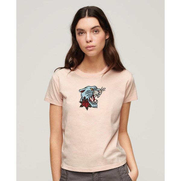 Koszulka dopasowana z haftem tatuażu. Czerwone koszulki sportowe Superdry, bez wzorów, z bawełny, bez ramiączek. W wyprzedaży za 120,20 zł.