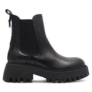 Botki Badura. Czarne botki Badura, bez wzorów, bez obcasa, na słupku, bez zapięcia. Za 399,99 zł.