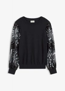 Cienki sweter z rękawami zdobionymi cekinami. Czarne swetry klasyczne bonprix, bez kołnierzyka. Za 144,99 zł.