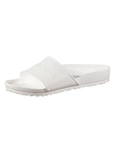 Birkenstock Klapki w kolorze białym rozmiar: 39. Białe klapki Birkenstock, bez wzorów, z otwartym noskiem, bez obcasa. Za 193,24 zł.