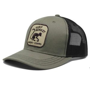 Czapka trucker 6-panelowa / Jeden rozmiar (Oliwkowa/Czarna). Czarne czapki SURF MONKEY, z aplikacjami, z bawełny. Za 135,96 zł.