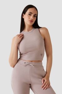 GUESS Różowy damski tank top prążkowany Edie, Rozmiar M. Czerwone topy Guess, m, z aplikacjami, z jeansu, bez kołnierzyka, bez ramiączek. Za 189,99 zł.