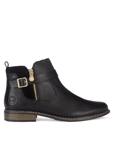 Rieker Botki Z4959-00 Czarny. Czarne botki Rieker, bez wzorów, ze skóry, bez obcasa, na płaskiej podeszwie, bez zapięcia. Za 329,99 zł.
