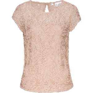 Bluzka shirtowa z koronką. Białe bluzki bonprix, z aplikacjami, z koronki, eleganckie, bez kołnierzyka, bez ramiączek. Za 169,99 zł.