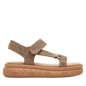 Sandały Guess. Brązowe sandały Guess, z aplikacjami, bez obcasa, na płaskiej podeszwie, bez zapięcia. Za 369,99 zł.