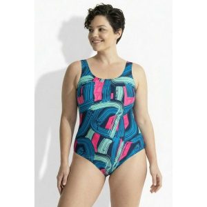 Damskie Kostium kąpielowy wzór pociągnięcia pędzlem bez miękkich miseczek. Niebieskie stroje jednoczęściowe Ulla Popken, bez wzorów, z elastanu. Za 199,99 zł.