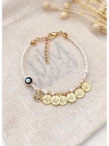 Atelier MIU Pozłacana bransoletka z elementami ozdobnymi rozmiar: onesize. Brązowe bransoletki Atelier MIU, z perłą, pozłacane. Za 34,99 zł.