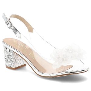 Sandały damskie S.Barski, transparentny pasek ozdobny kwiat regulowany pasek stabilny obcas elegancki fason, srebrne, MR61-9009. Szare sandały S.BARSKI, bez wzorów, bez obcasa, na obcasie, bez zapięcia. Za 199,00 zł.