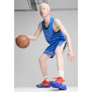 Buty do koszykówki Genetics Marcus Smart PUMA Royal Sapphire Red Blast Blue. Czerwone buty sportowe Puma, bez wzorów, bez zapięcia, do koszykówki. Za 339,99 zł.