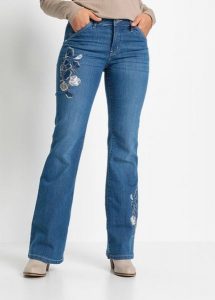 Jeansy flared, mid waist, ze stretchem. Niebieskie jeansy bonprix, bez wzorów, z jeansu. Za 159,99 zł.
