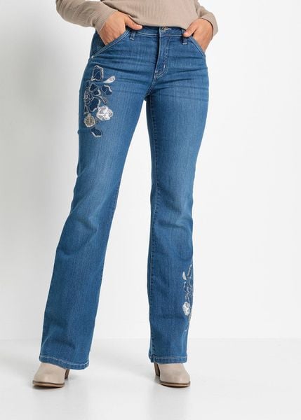 Jeansy flared, mid waist, ze stretchem. Niebieskie jeansy bonprix, bez wzorów, z jeansu. Za 159,99 zł.
