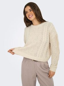 ONLY Sweter w kolorze beżowym rozmiar: L. Brązowe swetry oversize ONLY, l, bez wzorów, ze splotem, bez ramiączek. Za 109,78 zł.