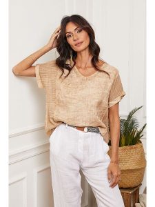 Fleur de Lin Lniana koszulka "Fabioza" w kolorze beżowym rozmiar: XXL. Brązowe bluzki Fleur de Lin, xxl, bez wzorów, ze lnu, bez kołnierzyka, bez ramiączek. Za 100,99 zł.
