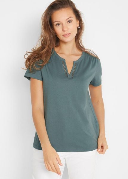 Bawełniany T-shirt z dekoracyjnym dekoltem. Czarne t-shirty bonprix, bez wzorów, z bawełny, bez kołnierzyka, bez ramiączek. Za 62,99 zł.
