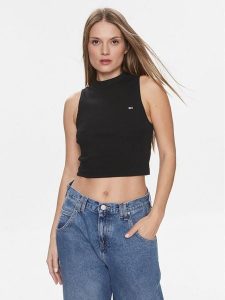 Tommy Jeans Top DW0DW17533 Czarny Regular Fit. Czarne topy Tommy Jeans, l, bez wzorów, z bawełny, bez kołnierzyka, bez ramiączek. Za 99,99 zł.