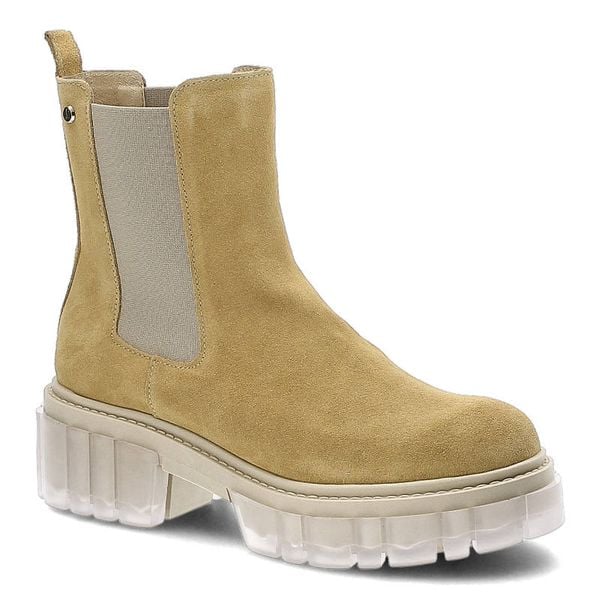Botki damskie Lemar, wykonane ze skóry zamszowej z elastycznymi panelami bocznymi masywną podeszwą z tworzywa i pętelką z tyłu cholewki, piaskowe, 30. Żółte botki Lemar, bez wzorów, z jeansu, bez obcasa, na platformie, bez zapięcia. Za 269,00 zł.