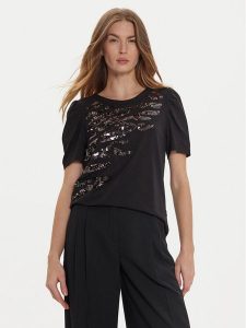 DKNY T-Shirt P4MHTXVW Czarny Regular Fit. Czarne t-shirty DKNY, xs, bez wzorów, z bawełny, bez kołnierzyka, bez ramiączek. Za 229,99 zł.