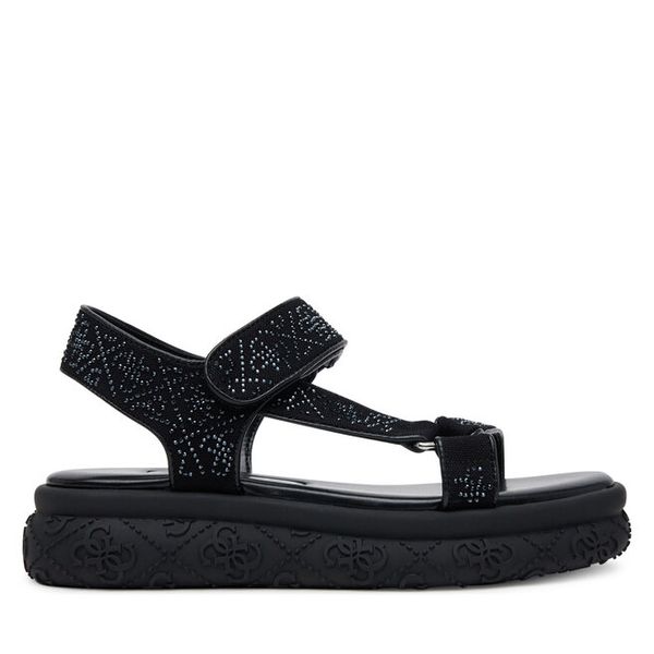 Sandały Guess. Czarne sandały Guess, z aplikacjami, bez obcasa, na płaskiej podeszwie, bez zapięcia. Za 319,99 zł.