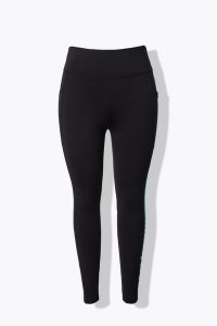 Damskie Legginsy funkcyjne boczne paski wysoki stan z recyklingu. Czarne legginsy Ulla Popken, bez wzorów, z materiału, z podwyższonym stanem. Za 239,99 zł.
