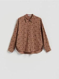 Bawełniana koszula z haftowaniem - brązowy. Brązowe koszule Reserved, l, bez wzorów, z bawełny, bez kołnierzyka, bez ramiączek. Za 149,99 zł.