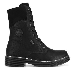 Trzewiki Rieker. Czarne botki Rieker, bez wzorów, bez obcasa, na płaskiej podeszwie, bez zapięcia. Za 343,99 zł.