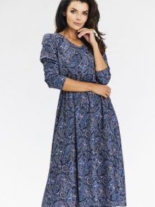 Sukienka Model A666 Navy Pattern - awama. Niebieskie sukienki Awama, do pracy, l, bez wzorów, z elastanu, biznesowe, bez kołnierzyka, bez ramiączek, midi. Za 343,20 zł.