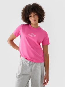 4F T-shirt regular z nadrukiem damski - różowy M. Czerwone t-shirty 4f, m, bez wzorów, z bawełny, bez kołnierzyka, bez ramiączek. Za 39,99 zł.