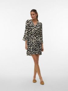 Vero Moda Sukienka w kolorze beżowo-czarnym rozmiar: S. Brązowe sukienki Vero Moda, na imprezę, s, bez wzorów, z tkaniny, klasyczne, bez kołnierzyka, bez ramiączek, mini, rozkloszowane. Za 96,14 zł.