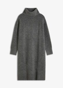 Sukienka dzianinowa z rozcięciem. Szare sukienki bonprix, bez wzorów, z dzianiny, bez kołnierzyka, bez ramiączek, midi. Za 147,99 zł.