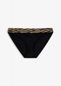 Figi bikini z błyszczącego materiału. Czarne figi bonprix, bez wzorów. Za 79,99 zł.