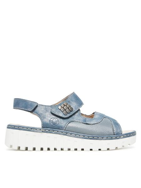 Rieker Sandały V1389-12 Niebieski. Niebieskie sandały Rieker, bez wzorów, z materiału, bez obcasa, na płaskiej podeszwie, bez zapięcia. Za 263,99 zł.