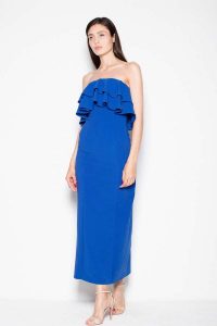 Niebieska Sukienka Długa Elegancka z Falbankami. Niebieskie sukienki Venaton, l, bez wzorów, z elastanu, eleganckie, bez kołnierzyka, bez ramiączek, maxi. Za 299,00 zł.
