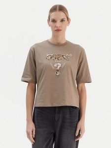 Guess T-Shirt V4YI06 I3Z14 Beżowy Regular Fit. Brązowe t-shirty Guess, xl, z aplikacjami, z bawełny, bez kołnierzyka, bez ramiączek. Za 199,99 zł.