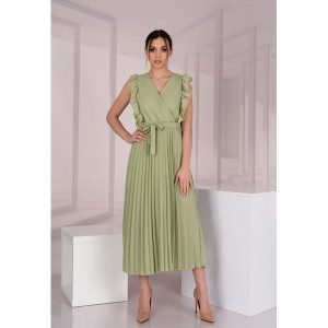 Elegancka Plisowana Sukienka z Kopertowym Dekoltem - Oliwkowa. Zielone sukienki Merribel, l, bez wzorów, z elastanu, eleganckie, bez kołnierzyka, bez ramiączek, kopertowe. Za 129,90 zł.