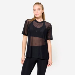Koszulka fitness damska Domyos krótki rękaw. Czarne bluzki DOMYOS, xs, bez wzorów, z elastanu, sportowe, bez kołnierzyka, bez ramiączek. Za 69,99 zł.
