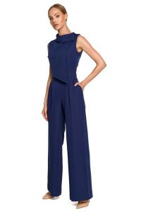 Elegancki Kombinezon z Wywijanym Kołnierzem - Granatowy. Niebieskie kombinezony MOE, l, bez wzorów, z elastanu, eleganckie, bez kołnierzyka, bez ramiączek. Za 298,90 zł.