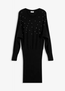 Sukienka dzianinowa z miękkiej mieszanki wiskozy. Czarne sukienki bonprix, z aplikacjami, z dzianiny, eleganckie, bez kołnierzyka, bez ramiączek. Za 142,99 zł.