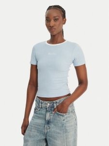 Guess Jeans T-Shirt W6GPA9 KF641 Błękitny Slim Fit. Niebieskie t-shirty Guess Jeans, l, z aplikacjami, z jeansu, bez kołnierzyka, bez ramiączek. Za 189,99 zł.