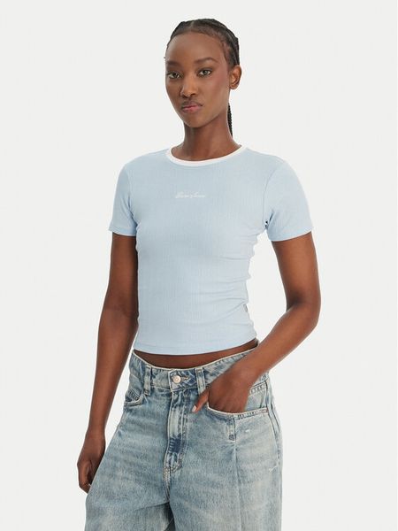 Guess Jeans T-Shirt W6GPA9 KF641 Błękitny Slim Fit. Niebieskie t-shirty Guess Jeans, s, z aplikacjami, z bawełny, bez kołnierzyka, bez ramiączek. Za 189,99 zł.