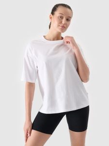4F T-shirt oversize gładki damski - biały L. Białe t-shirty 4f, l, bez wzorów, z bawełny, bez kołnierzyka, bez ramiączek. W wyprzedaży za 29,99 zł.