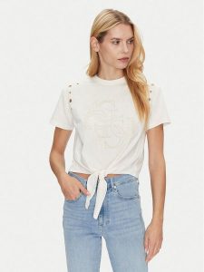 Guess Bluzka W5GI18 I3Z14 Écru Regular Fit. Bluzki Guess, s, z aplikacjami, z bawełny, bez kołnierzyka, bez ramiączek. Za 132,00 zł.
