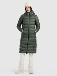 4F Płaszcz puchowy z wypełnieniem naturalnym damski - khaki L. Brązowe płaszcze 4f, na zimę, l, bez wzorów, z materiału, bez kaptura. Za 799,99 zł.