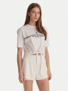 Guess T-Shirt V6GI20 K3509 Biały Regular Fit. Białe t-shirty Guess, xs, z aplikacjami, z bawełny, bez kołnierzyka, bez ramiączek. Za 159,99 zł.