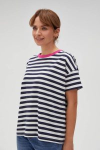 Bawełniana bluza w paski z krótkimi rękawami granatowa. Bluzy MOODO, l, bez wzorów, z bawełny, bez kaptura. Za 79,99 zł.