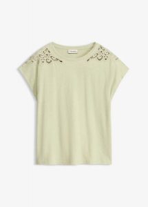 T-shirt z szydełkową wstawką. Zielone t-shirty bonprix, bez wzorów, bez kołnierzyka, bez ramiączek. Za 37,99 zł.