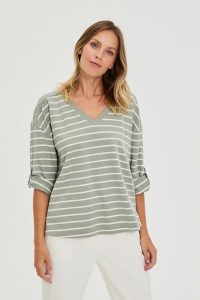 Bluza w paski oliwkowa. Zielone bluzy MOODO, l, bez wzorów, z bawełny, bez kaptura. Za 99,99 zł.